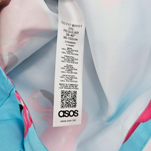 Asos Swim Shorts 2XL Blue Pink Flamingo Print Unlined Pockets Elastic Waist Tie - Picture 7 of 12